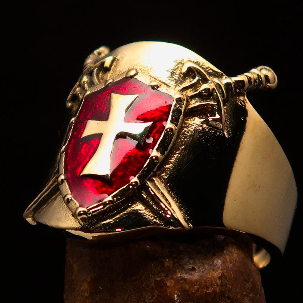 Crossed Swords Men's Knights Templar red Cross Ring made of solid brass with a high polished finish and red enamel detailing.
